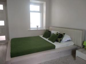 第比利斯City Center Apartment的一间卧室配有一张带绿色枕头的大床