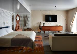 棕榈泉艾斯游泳俱乐部棕榈泉酒店的一间卧室配有一张床和一台平面电视