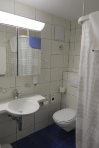 GuggisbergHotel Restaurant Sternen的一间带水槽、卫生间和镜子的浴室