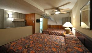 班夫花旗松小屋度假酒店的酒店客房,设有两张床和一盏灯