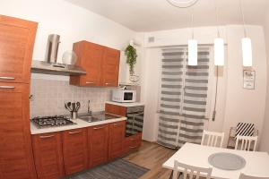 萨尔扎纳CasaLou'的厨房配有木制橱柜和炉灶烤箱。
