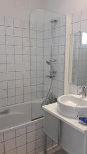 卡西斯LOU CIGALOU的白色的浴室设有水槽和淋浴。