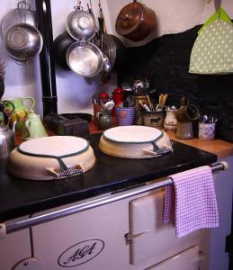 埃克塞特Brook Farmhouse的厨房在柜台上配有两个锅碗瓢盆