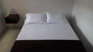 OcañaHotel Don Luis的一张白色的床,上面有两个枕头