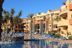 圣米格尔德阿沃纳Grand Muthu Golf Plaza Hotel & Spa的一个带躺椅和棕榈树的度假游泳池