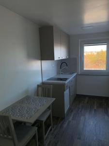马里博尔Apartman Decorus的厨房配有水槽、桌子和窗户