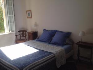 圣艾米隆B&B Château Pierre de Lune的一间卧室配有一张带蓝色枕头的床和一扇窗户。