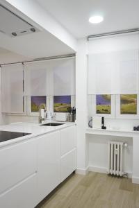 奥维多Foncalada 13的白色的厨房设有水槽和2扇窗户