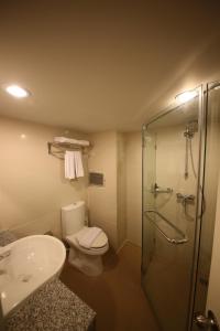 芭堤雅市中心Sunshine Hotel & Residences的浴室配有卫生间、淋浴和盥洗盆。