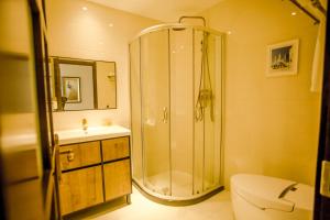 呼和浩特亚美花园民宿的带淋浴、卫生间和盥洗盆的浴室