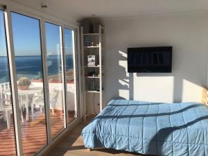 卡内·德·玛尔Espectacular apartamento cerca de Barcelona con free wifi的一间卧室设有一张床,阳台配有电视。