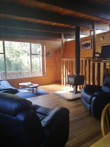 谢菲尔德Minnow cabins Lower Beulah的小屋内的客厅配有沙发和壁炉