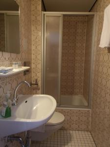 Gadernheim泽尔巴查胡福宾馆的一间带水槽、卫生间和淋浴的浴室