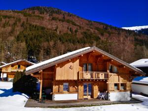 萨莫安斯Chalet Pétérets的雪中的一个小木屋,有山