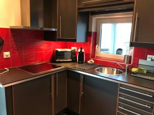 SavièseLes Mouresses的厨房配有水槽和红色瓷砖