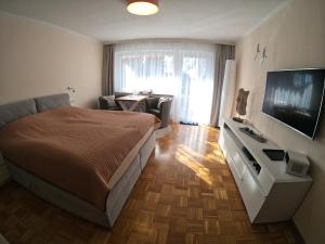 巴特皮尔蒙特Bonsai-Apartment III An der Hufeland Therme的一间卧室配有一张床、一台电视和一张桌子