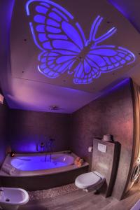 坎法奈尔Alba apartment with swimming pool的浴室的天花板上拥有蓝色的蝴蝶灯