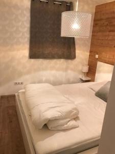 瓦卢瓦尔Charmant Appartement Centre Ville Valloire的一张大白床,位于带灯的房间