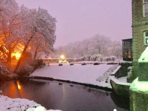 EstaimbourgHaras des Chartreux的池塘旁的雪覆盖的花园