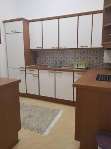 维也纳Ferienwohnung Schloessel 26/16的一间大厨房,配有白色的橱柜和地毯