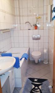 格拉德贝克Ferienwohnung Gladbeck-Rohde的白色的浴室设有水槽和卫生间。