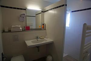 圣伊波利特迪福尔Logis Auberge Cigaloise的一间带水槽、卫生间和镜子的浴室