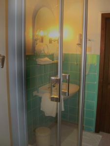 KordelHotel-Restaurant Burg-Ramstein的绿色瓷砖浴室设有淋浴和水槽