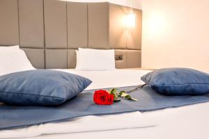 诺维萨德丰塔纳酒店的红色玫瑰坐在床上,有两个枕头