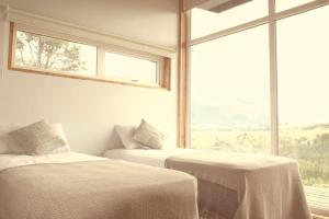 科伊艾科Cabañas Patagonia Indómita的一间卧室设有两张床和大窗户