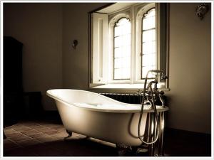桑伯里Thornbury Castle - A Relais & Chateaux Hotel的带浴缸的浴室和窗户