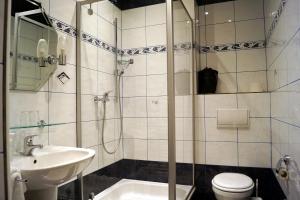 BurgHotel Villa Wittstock的带淋浴、盥洗盆和卫生间的浴室