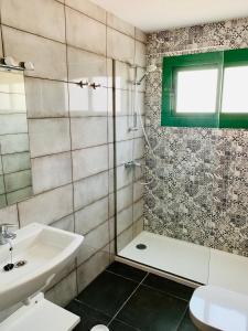 蒂亚斯Apartamentos Zalabar的带淋浴、盥洗盆和卫生间的浴室