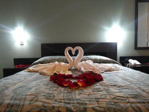 科恰班巴Hostal Costa De Marfil Suites & Apartamentos的两个粉红色的天鹅坐在玫瑰床上