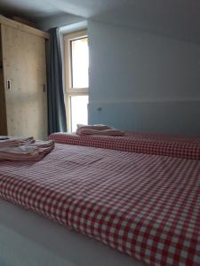 上陶恩DAV-Haus (Alpenverein)的宿舍间的2张床位,配有红白 ⁇ 面毯