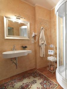 博洛尼亚Antica Casa Zucchini B&B的一间带水槽、镜子和淋浴的浴室