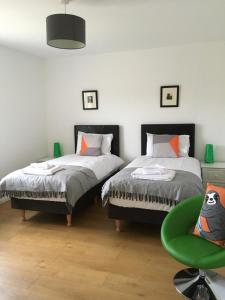 DoocharyAnnie's River Retreat的一间卧室配有两张床和一张绿色椅子