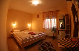 普拉伊德Csatári Pensiune Praid的一间卧室设有两张床和窗户。