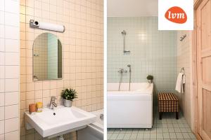 派尔努Villa Lehe Ranna Apartment的浴室的两张照片,配有水槽和镜子