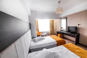 克拉约瓦欧罗佩卡酒店的酒店客房设有两张床和电视。