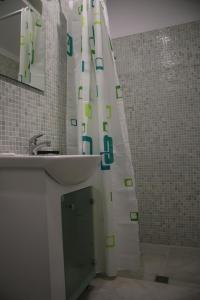 鲁塞La Maison Ruse的一间带水槽和淋浴帘的浴室