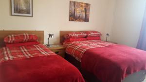 克鲁韦富丽酒店的红色被子的客房内的两张床
