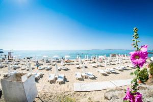 阳光海滩普雷斯蒂奇桑兹度假酒店的海滩上设有椅子和遮阳伞,还有大海