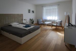 格拉茨Flataid Apartmenthaus Brauhausstrasse的卧室配有一张床和一张桌子及椅子