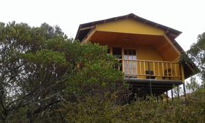 瓜塔维塔Cabaña Los Llanitos Guatavita的一座树荫小山顶上的黄色房子