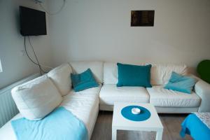 尼什Blue apartman的客厅配有白色沙发和蓝色枕头。
