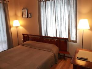 里尔斯基马纳斯特Family Hotel Pchelina的一间卧室配有一张床、两盏灯和一个窗户。