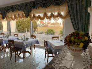 拉姆斯泰因-米森巴赫欧洲酒店的一间设有白色桌子和大窗户的用餐室