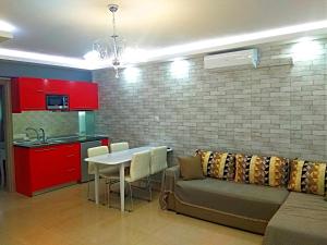 尼亚普拉莫斯Iros Apartment的带沙发和桌子的客厅以及厨房。