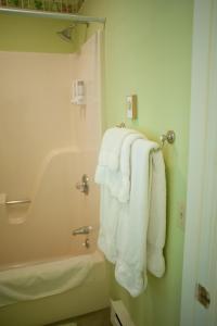 Elsah格林豪泰住宿加早餐旅馆的浴室配有白色毛巾和浴缸。