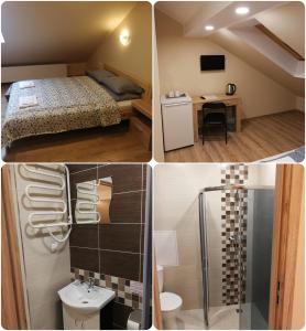乌田纳Viešbutis Kelyje的卧室和浴室三幅照片的拼合